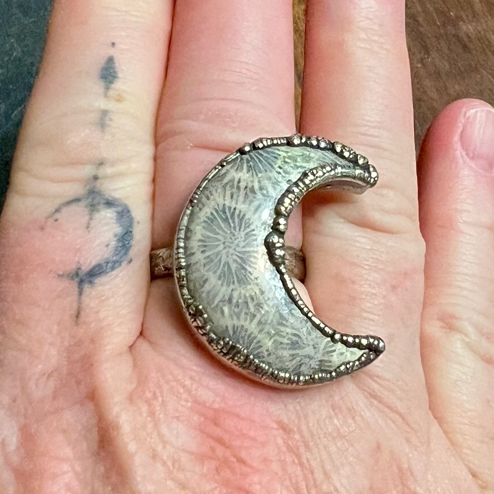 Crescent Moon Fossilized Coral Silver Ring Size US 10